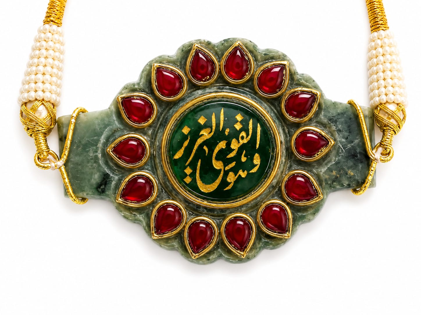 Mughal handmade islamic jade stone pendant studded with grey precious stone